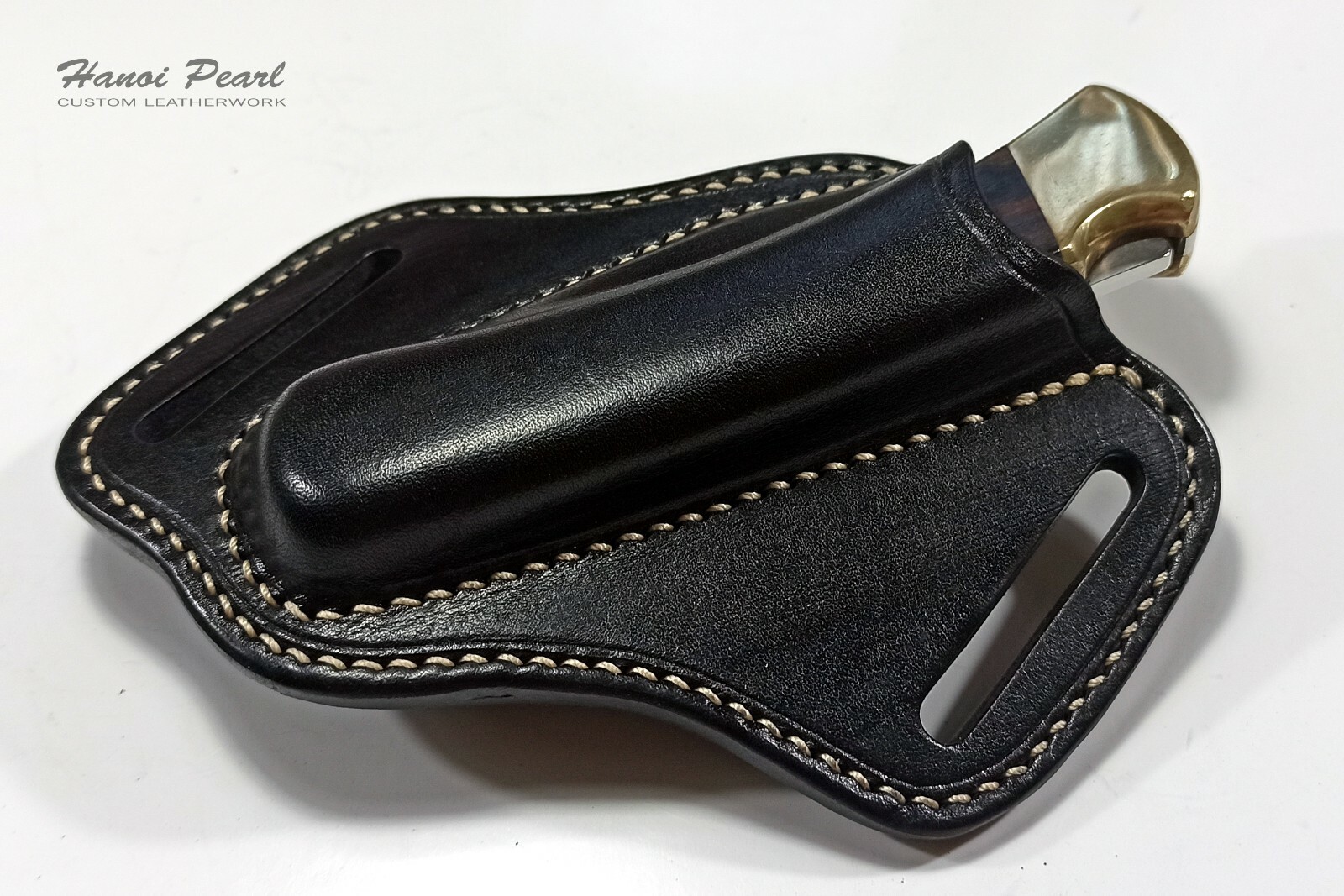 Custom Black 45 Degree Canted Leather Sheath for Buck 110 Folding Hunter