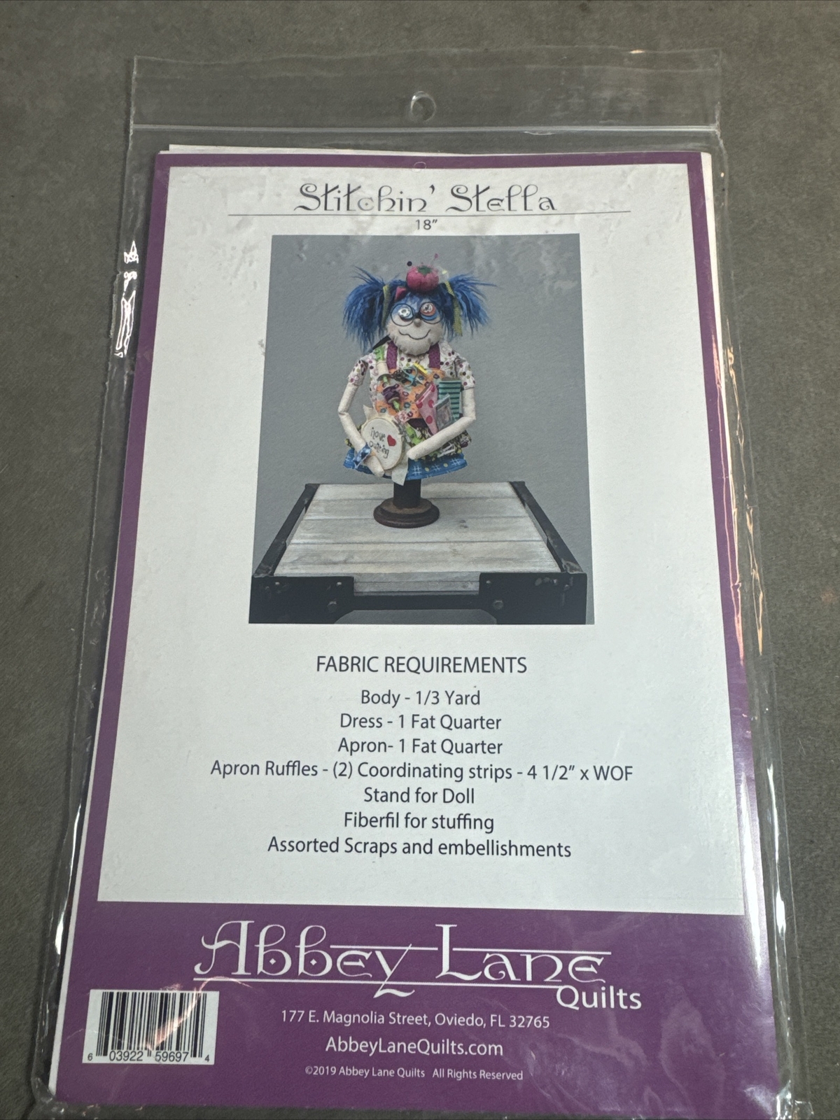 Abbey Lane Quilts Stitchin' Stella Doll Pattern 18”