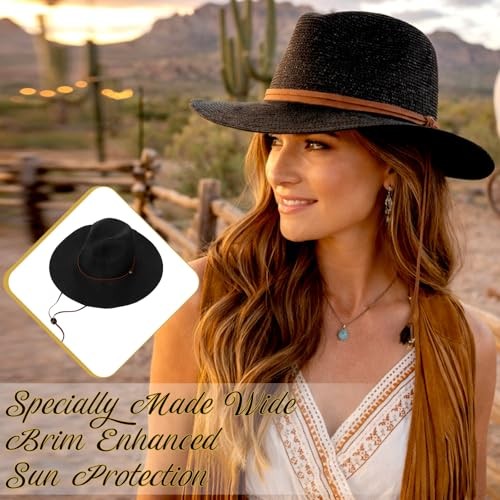 Women Straw Sun Panama Hats for Women Sun Wide Brim Straw Hat Fedora Black