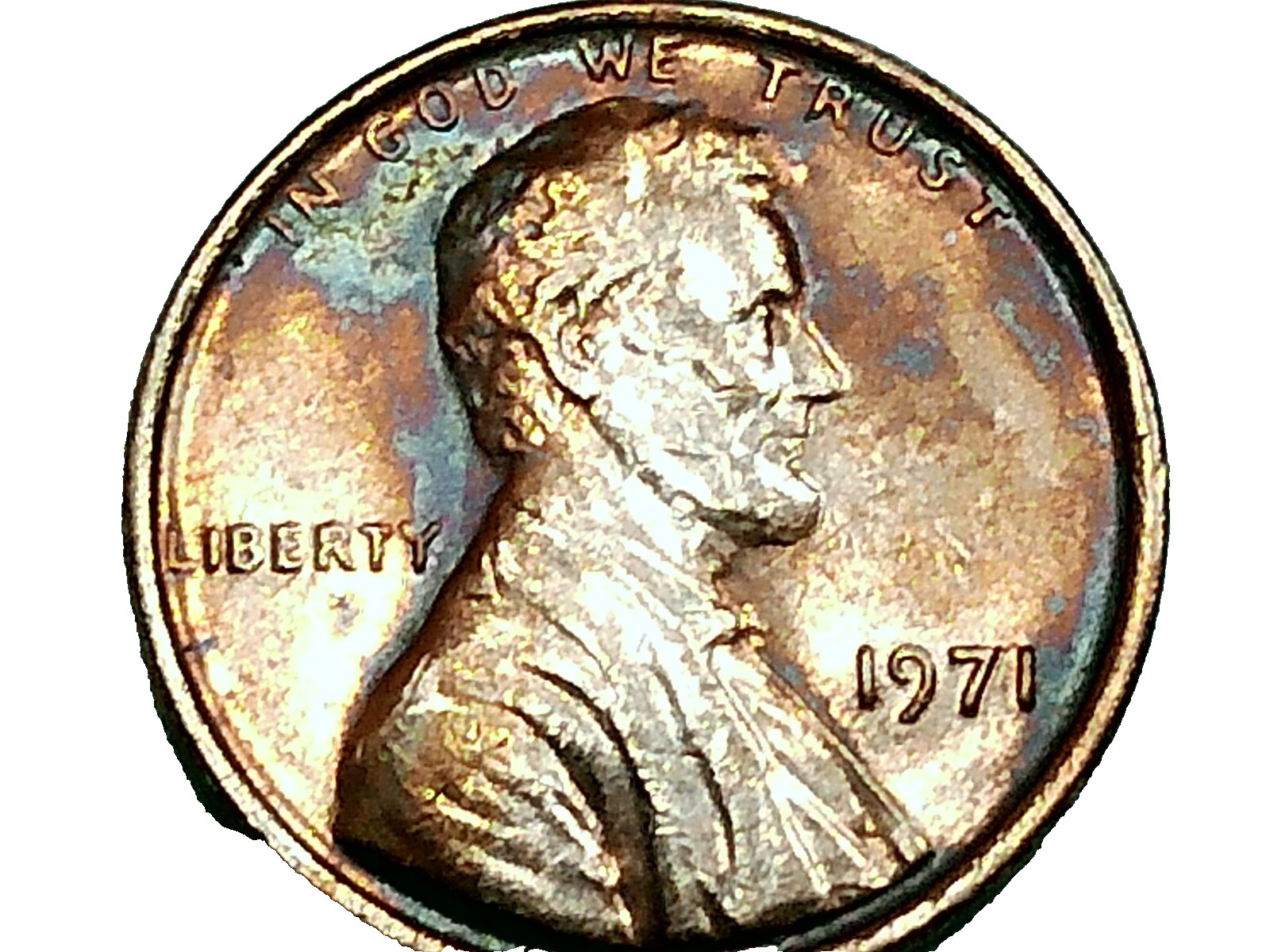 1971 us copper penny -ms -rb -3.0 gr. -heavy toning -colorful - good rim