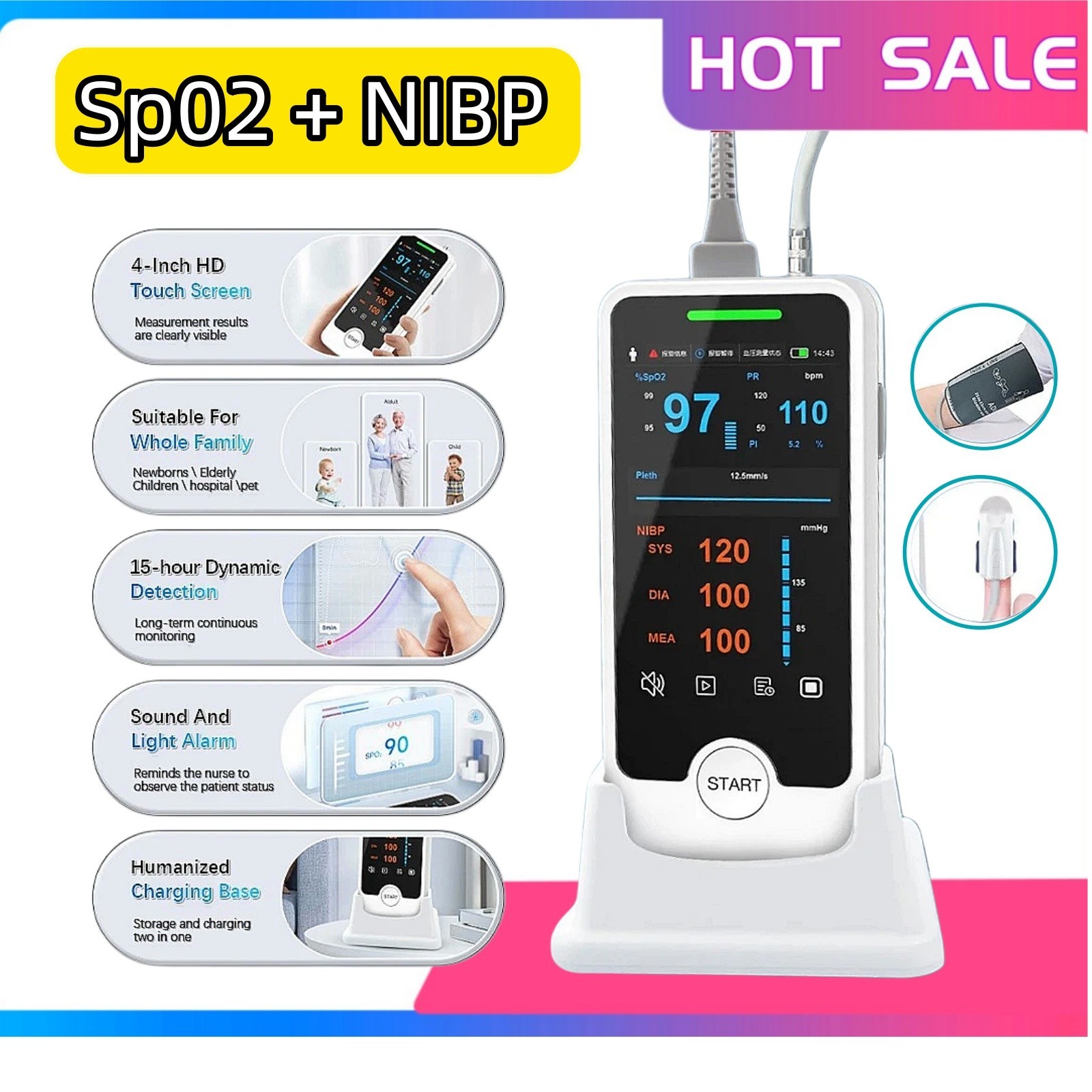Handheld 4 inch Vital Signs-SPO2,NIBP  Patient Monitor ,Portable Patient Monitor