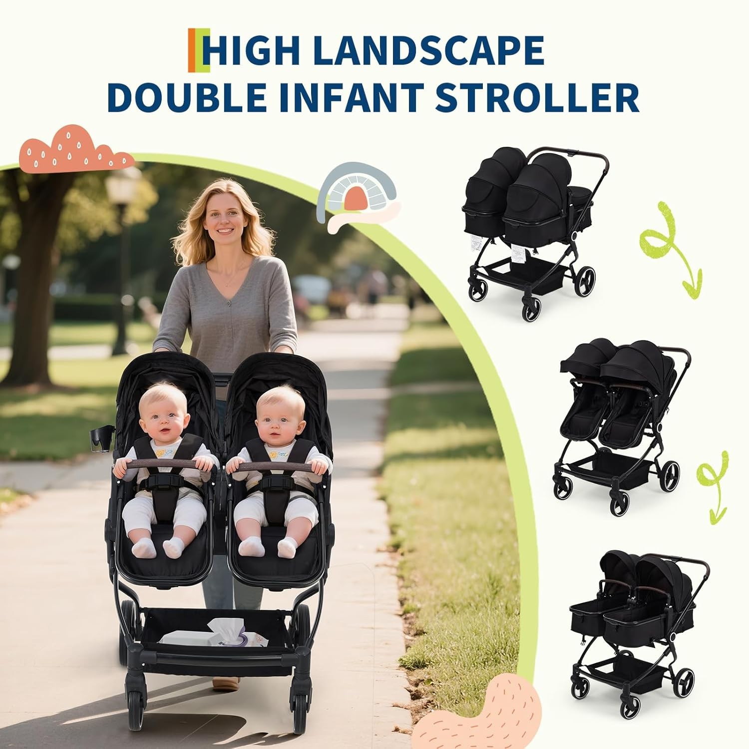Twins Side by Side Double Stroller Lightweight Fold Travel Stroller Adjustable