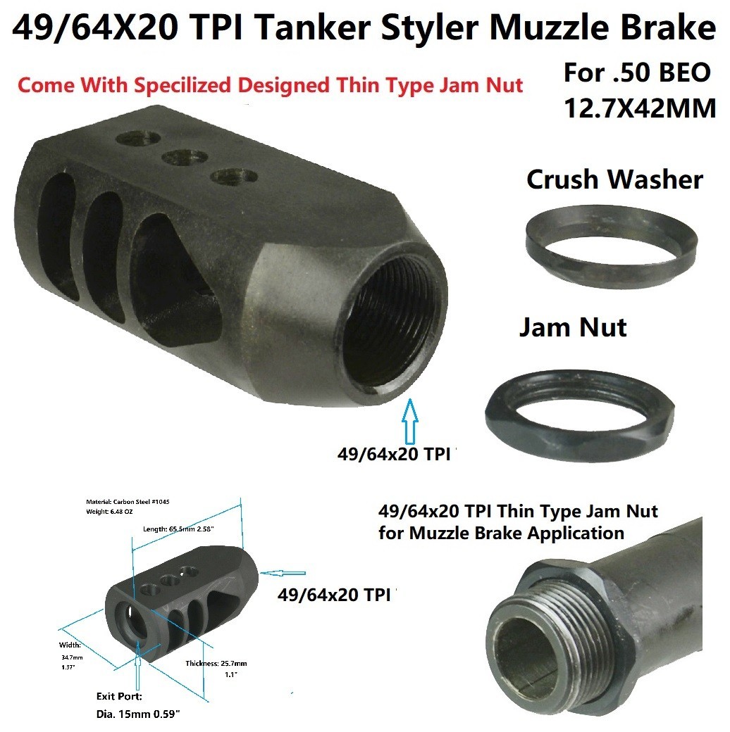 All Steel Heavy Duty 49/64x20 TPI Tanker Style Muzzle Brake For Beo 50 12.7x42mm