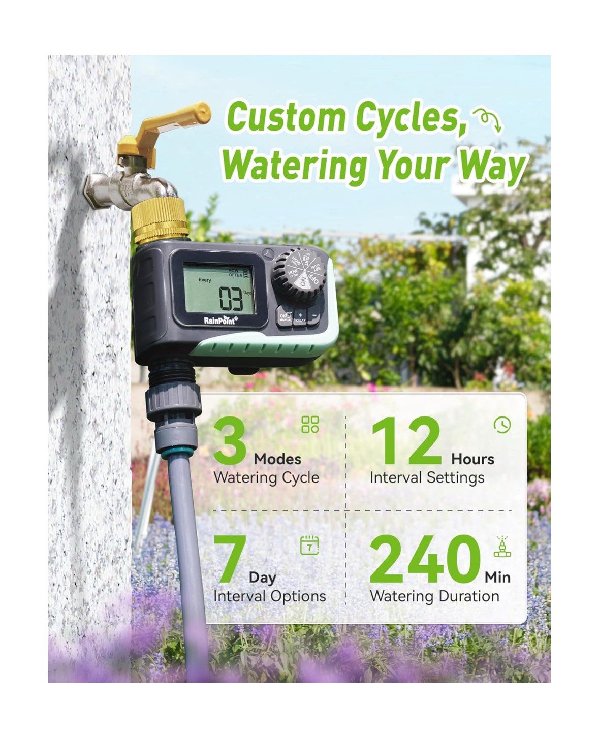 Rainpoint 1-Zone Water Timer ITV105 Water/Rustproof Rain Delay Watering - NEW