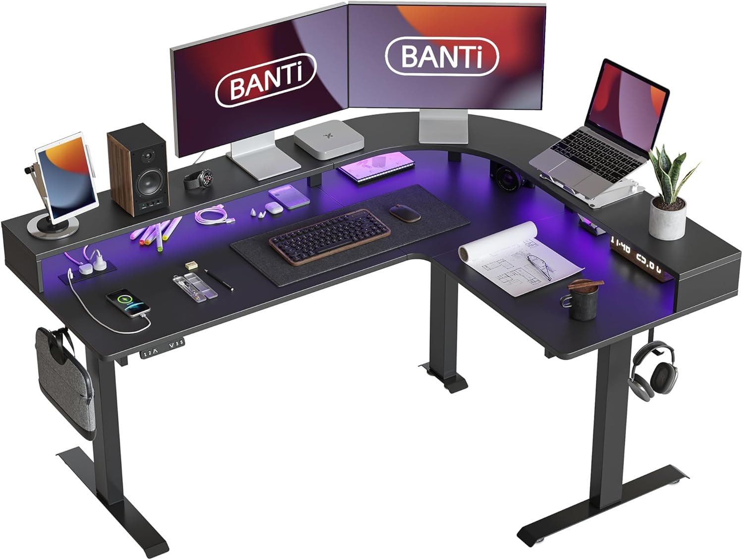 L-Shaped Adjustable Standing Desk with LED Light & Power Outlet, Black