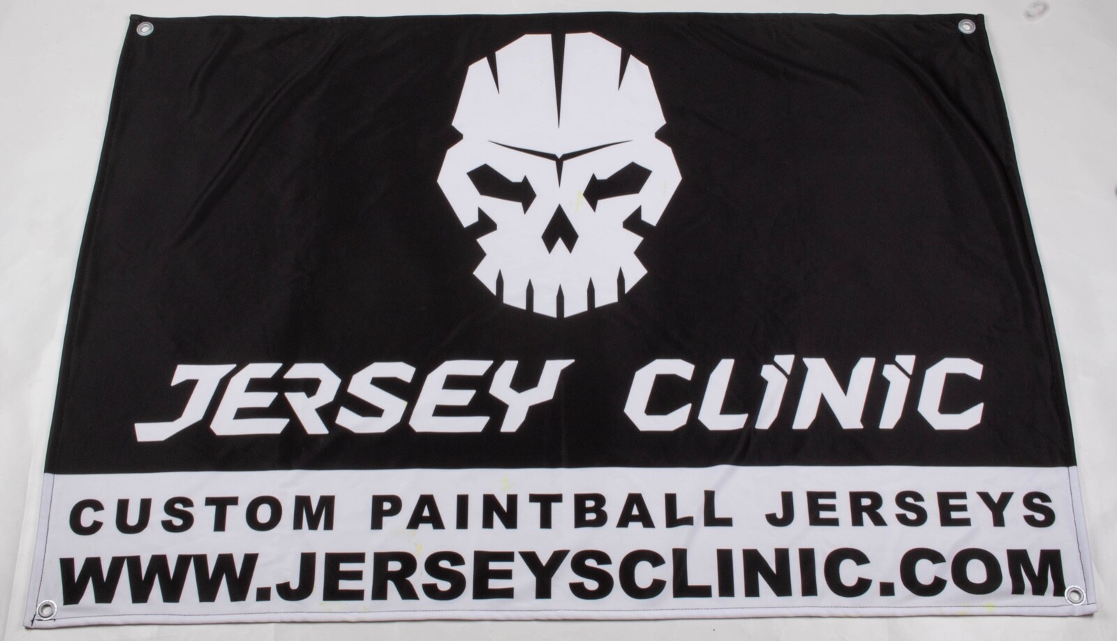 Jersey Clinic Paintball Company Sponsor Banner 28x39in Black/White Skull Graphic