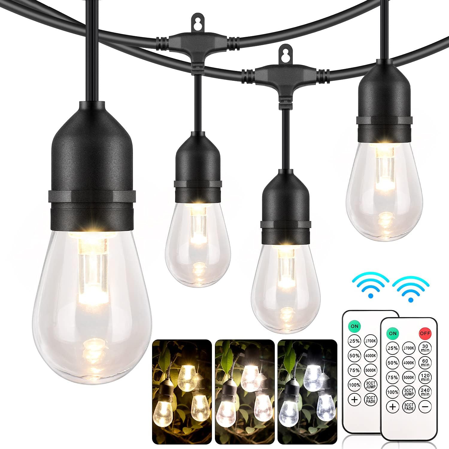 3 Color Outdoor LED Dimmable String Lights for Patio with Remote, Plug in 48FT W