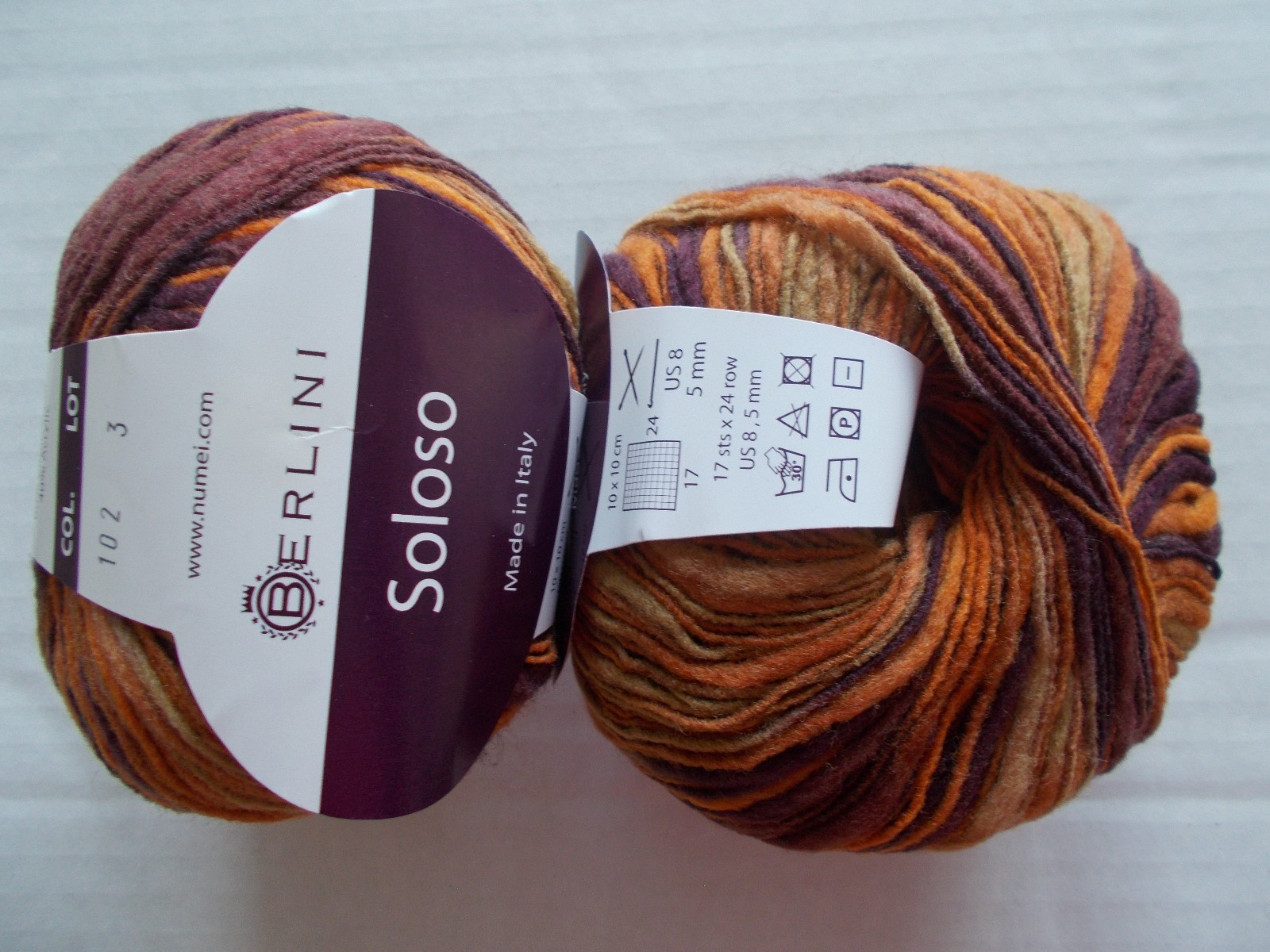 Berlini Soloso wool blend fashion yarn, Embers, lot of 2 (156 yds each)
