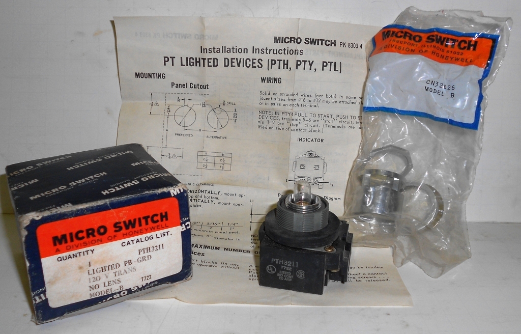 MICRO SWITCH PTH3211, LIGHTED PB-GRD, 120 V TRANS, NO LENS, MODEL B