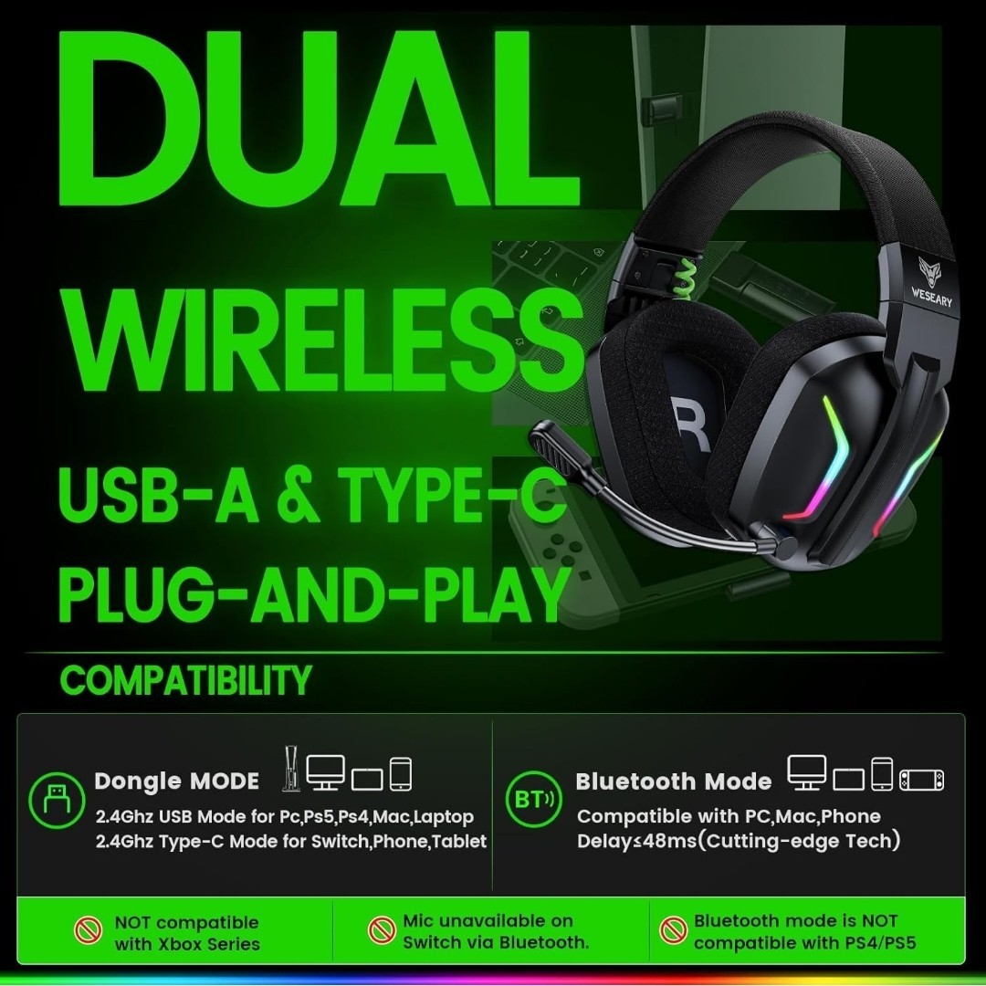 WESEARY Wireless Gaming Headset PS5 PS4 PC Switch Bluetooth 5.4.