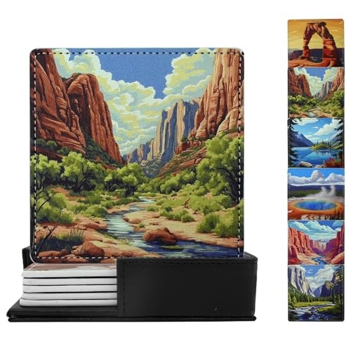 Coasters Square Leather Drinks Set with Holder - One Size - National Parks