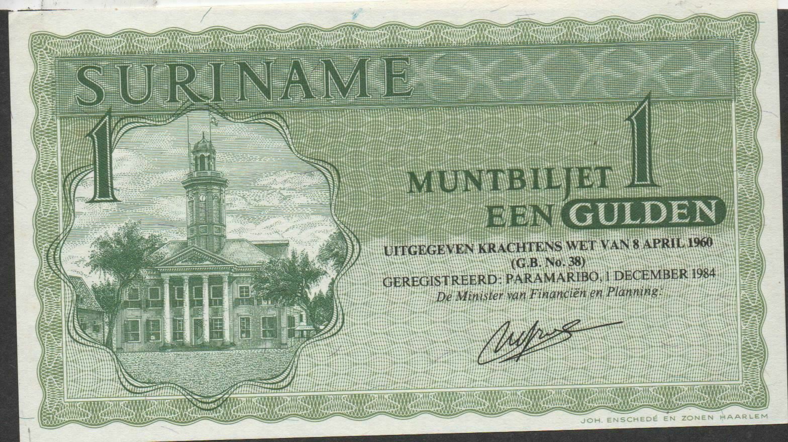 Suriname  1  Gulden  1.12.1984  P 116h  Uncirculated Banknote Me100