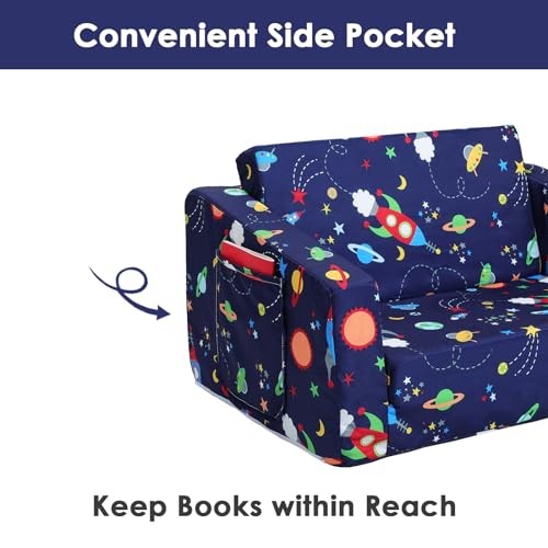 Kids Couch Convertible Sofa to Lounger for Toddler Boy, Foldable 2-in-1 Rocket