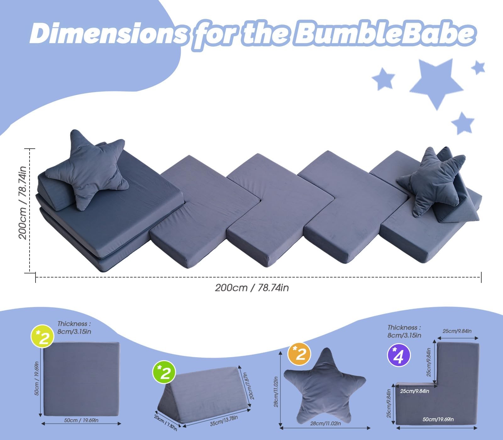 Modular Kids Play Couch - Convertible Toddler Sofa Bed for Fort Building - Wa...