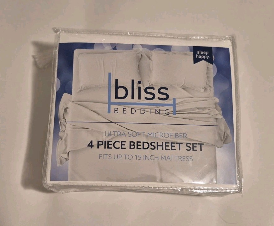 Bliss Bedding 4 Piece Sheet Set Queen Size Fitted Flat Pillowcases White NEW