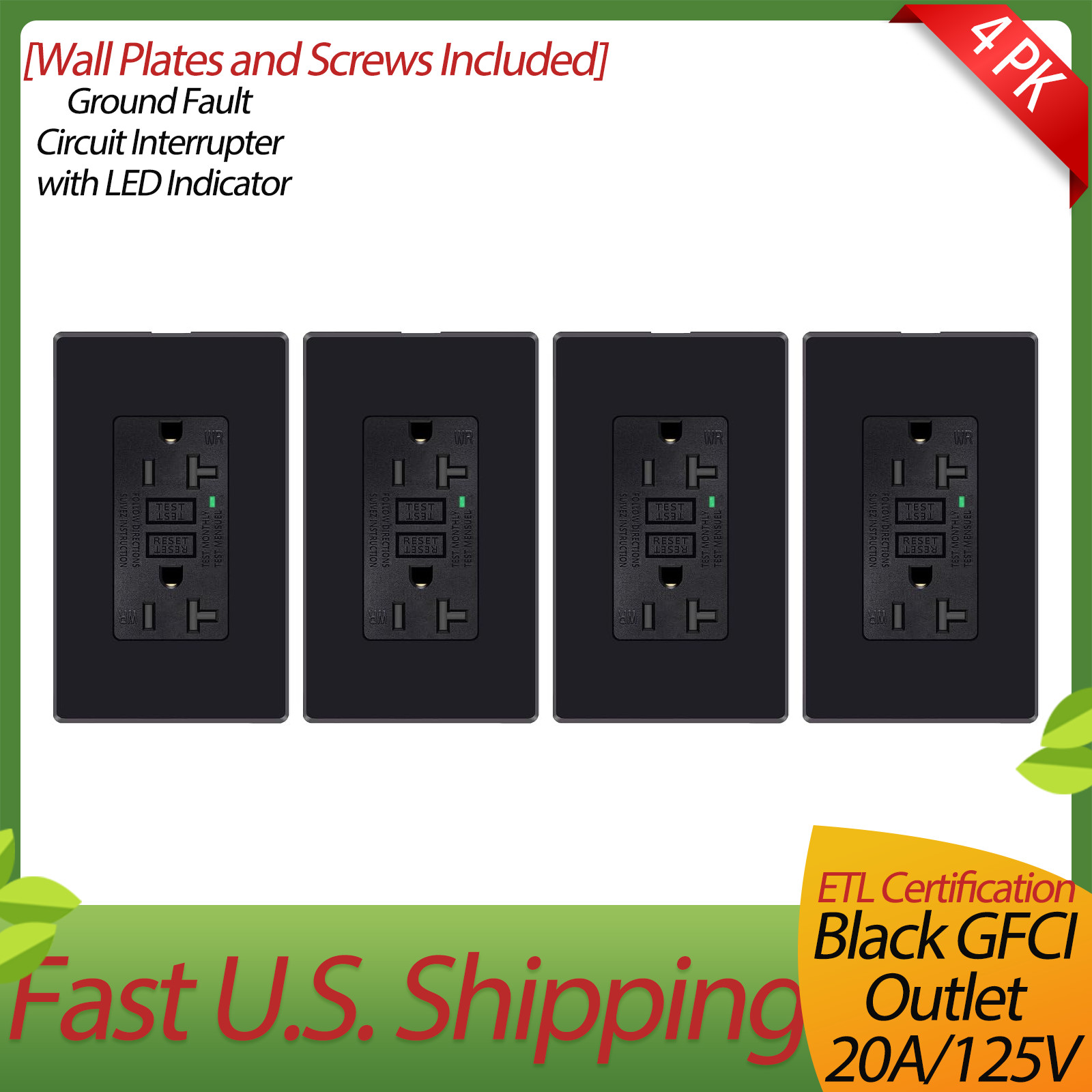 4 x 20Amp/125V Black ETL GFCI Outlet Wall Tamper Resistant Receptacle TR WR, ETL