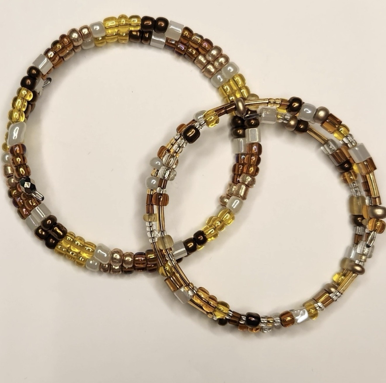 Brown gold silver beaded glass bracelet set, stackable - set of 2