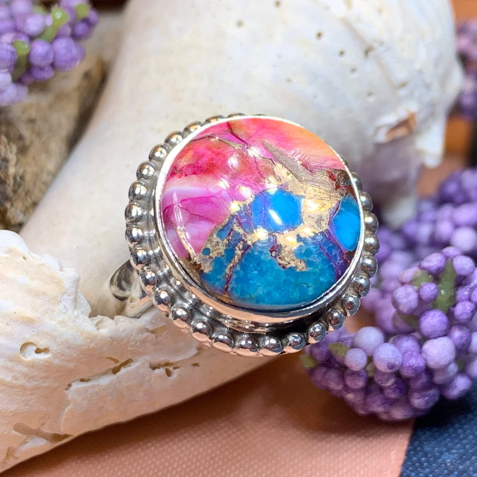 Ladies Statement Ring Boho Spiny Oyster Turquoise Large Wiccan Pagan Ring 925