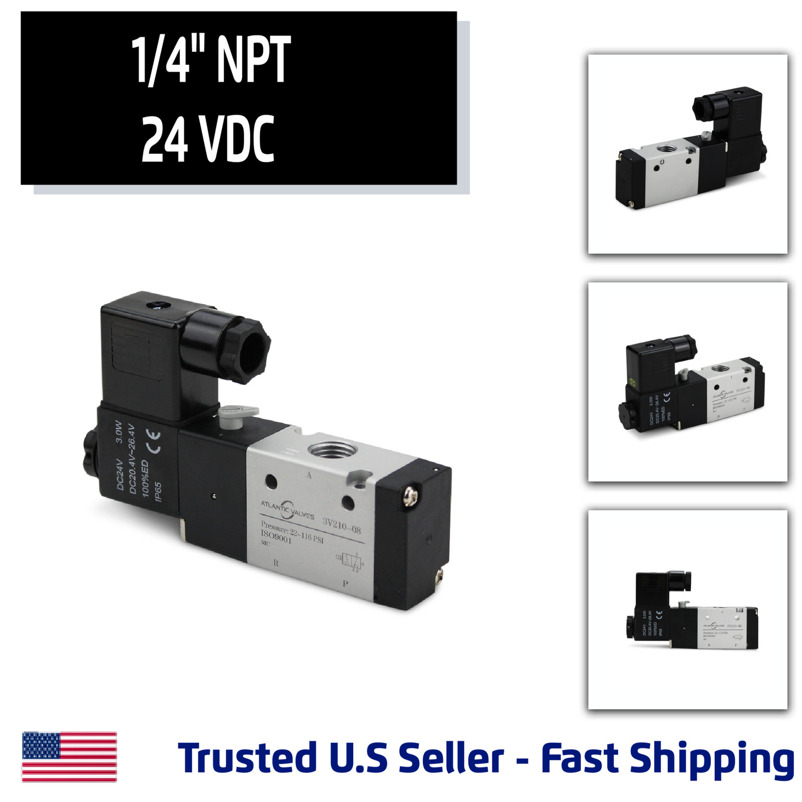 1/4'' 3 Way, 2 Position Pneumatic Solenoid Valve, 24V DC Coil, Air Return