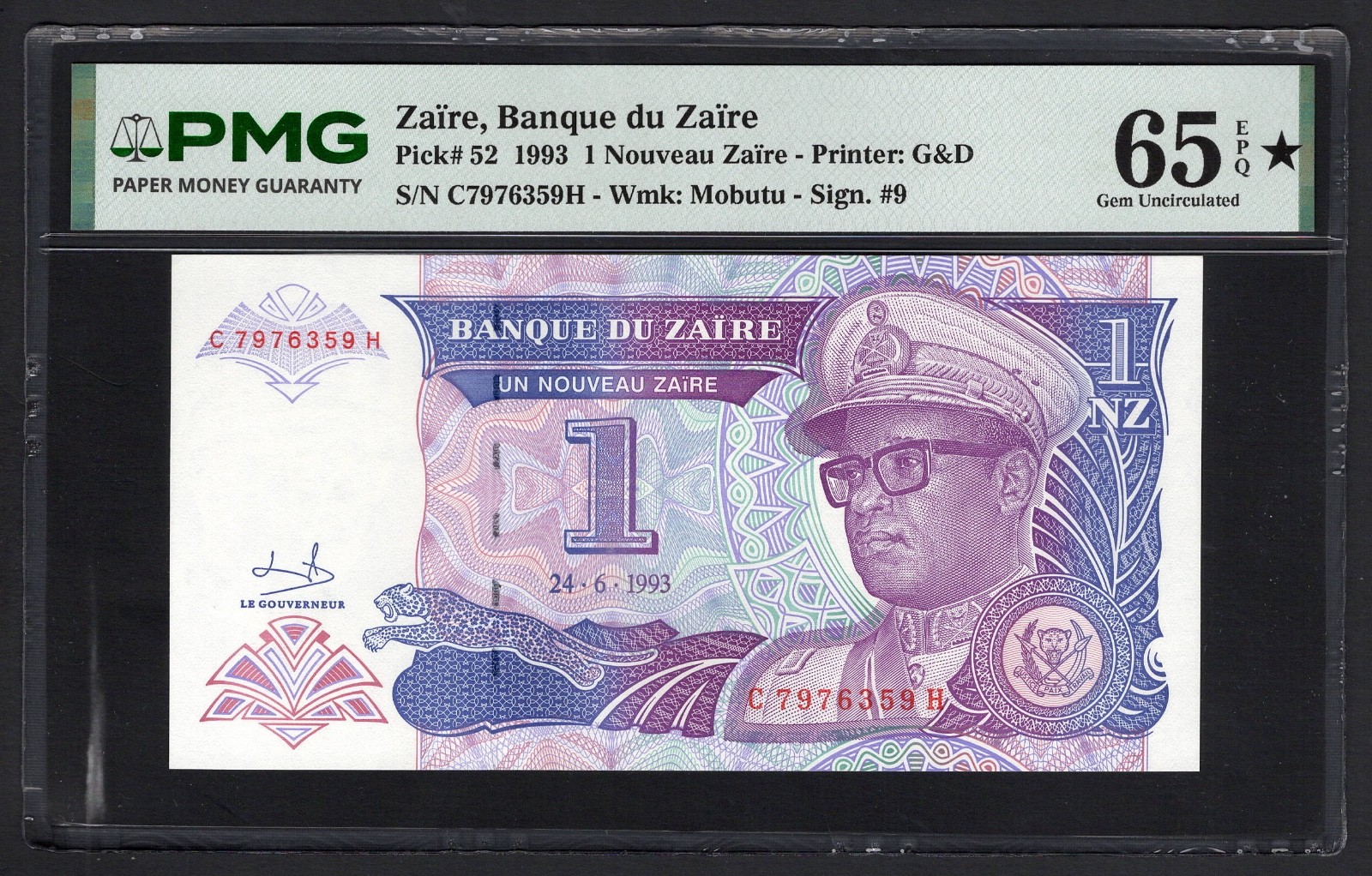 Zaire One Nouveau Zaire 24-6-1993 P52 Uncirculated Grade 65 Star