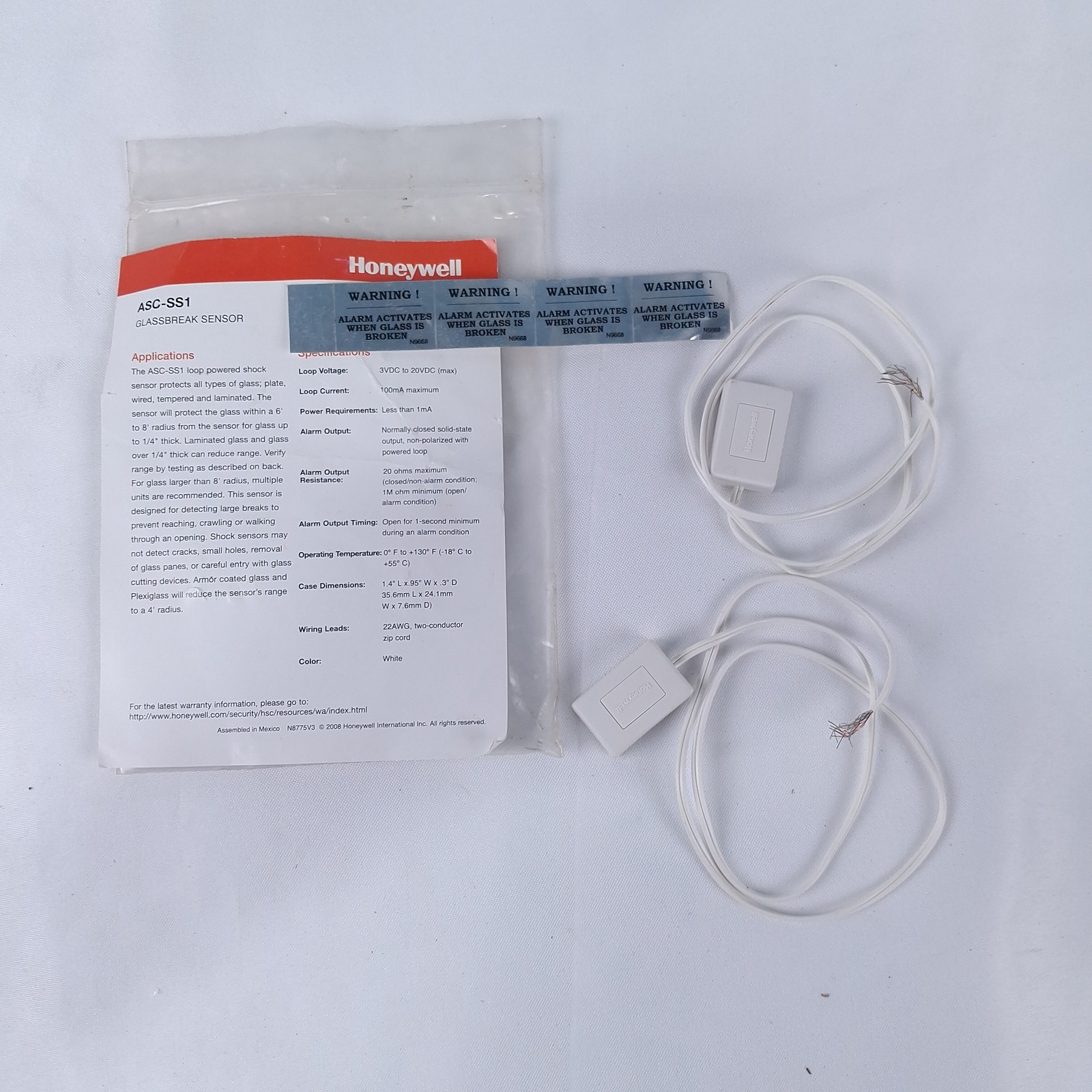Honeywell ASC-SS1 Glassbreak Shock Sensor Loop Powered Security Alarm White