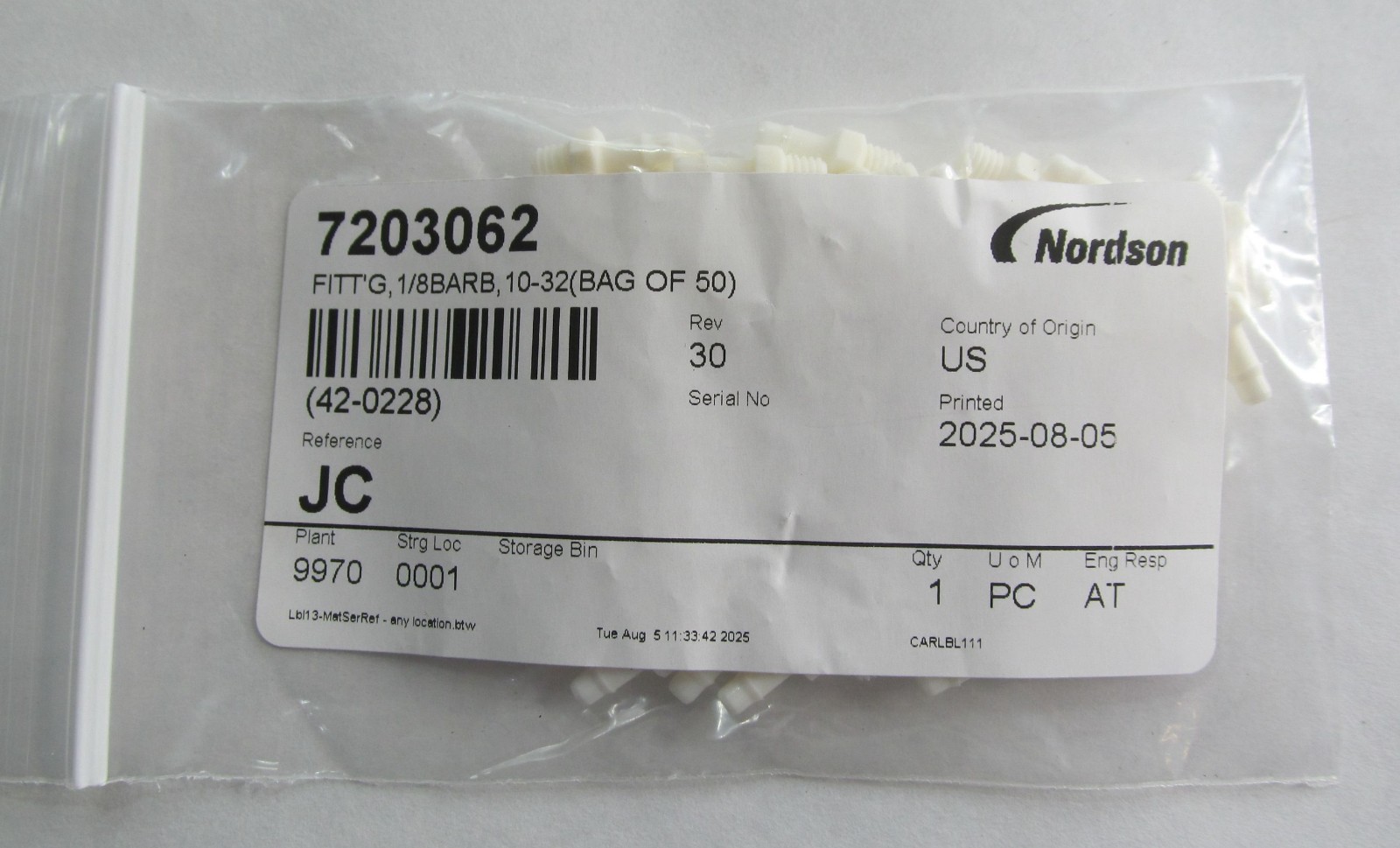 50-PACK NEW NORDSON ASYMTEK 7203062 KITTING 1/8" BARB 10-32 FEMALE LUER