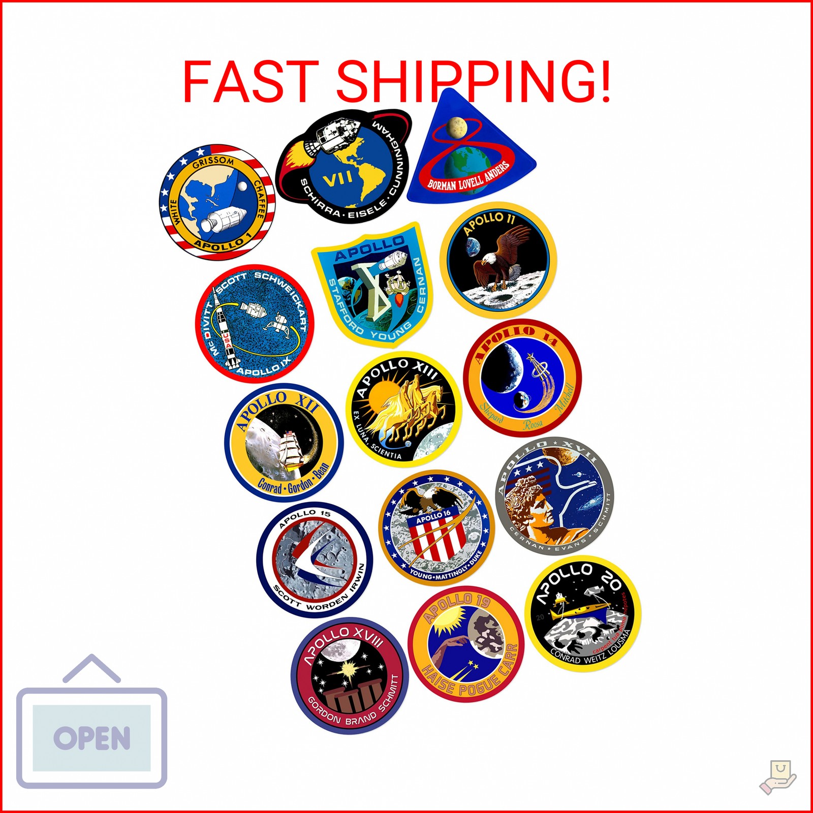 Sheet of All 15: Small Apollo Mission Stickers (1.5 inch Tall) Vinyl Decal Set N
