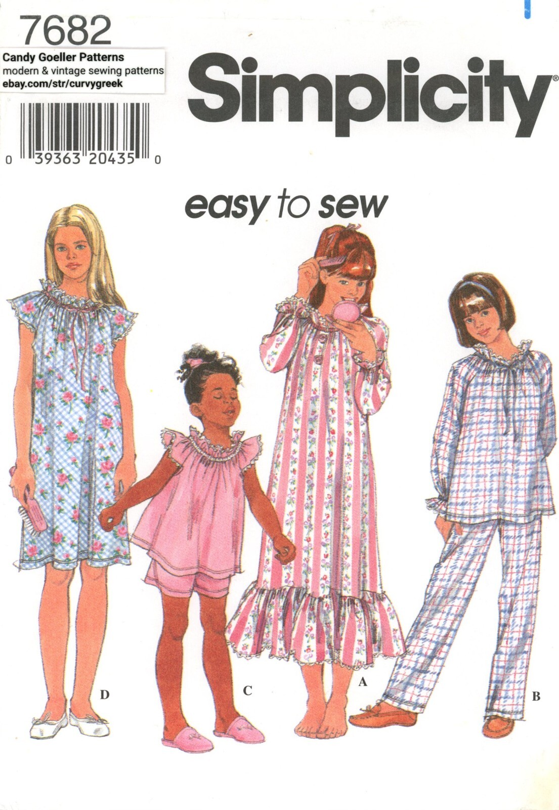 Simplicity 7682 Nightgown & Pajamas w Elastic Neckline, Hem Ruffle Sz 8-14 UNCUT