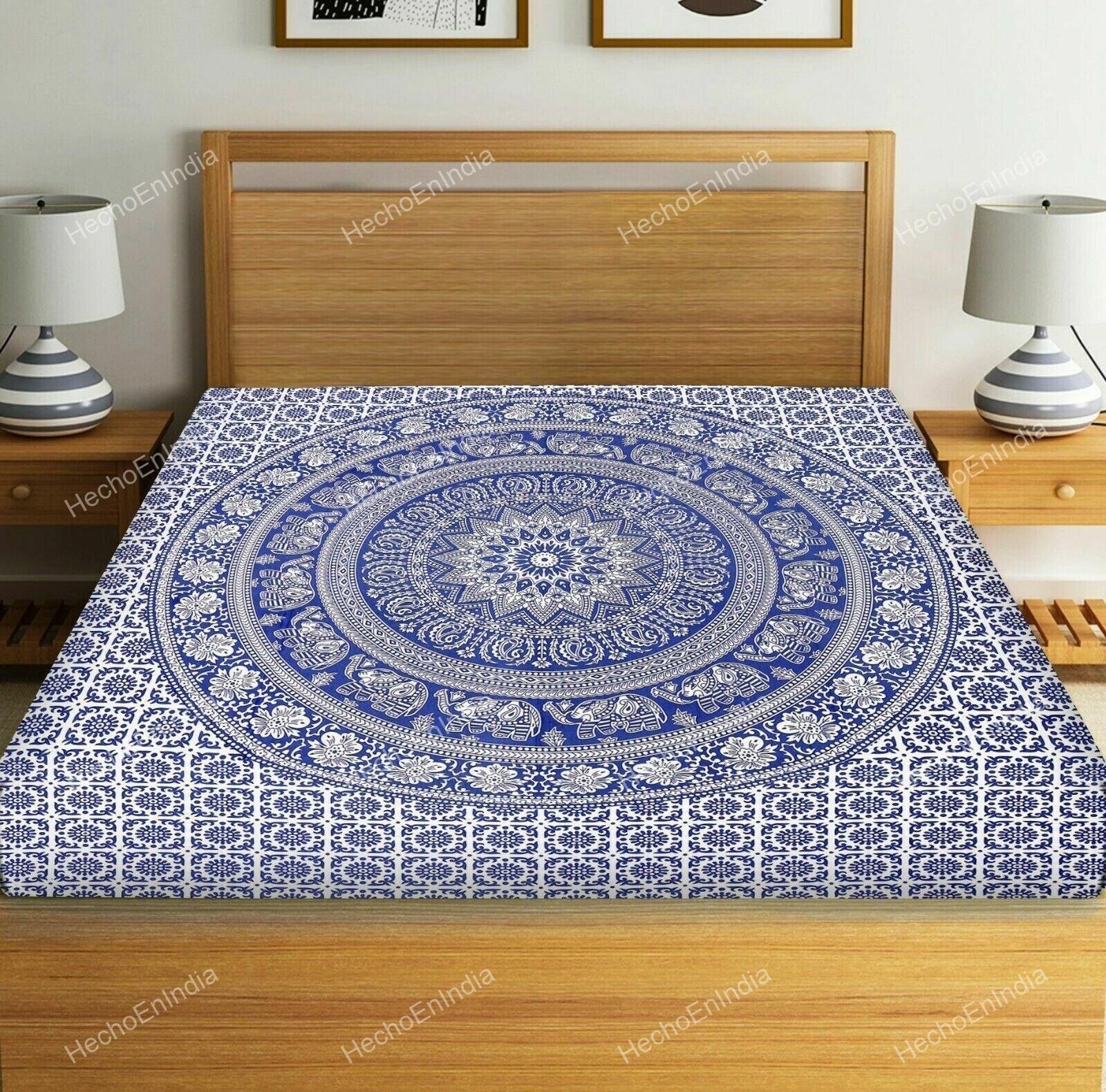 Indian Handmade Elephant Mandala Cotton Jaipuri Single Bed Sheet,Sapphire Blue