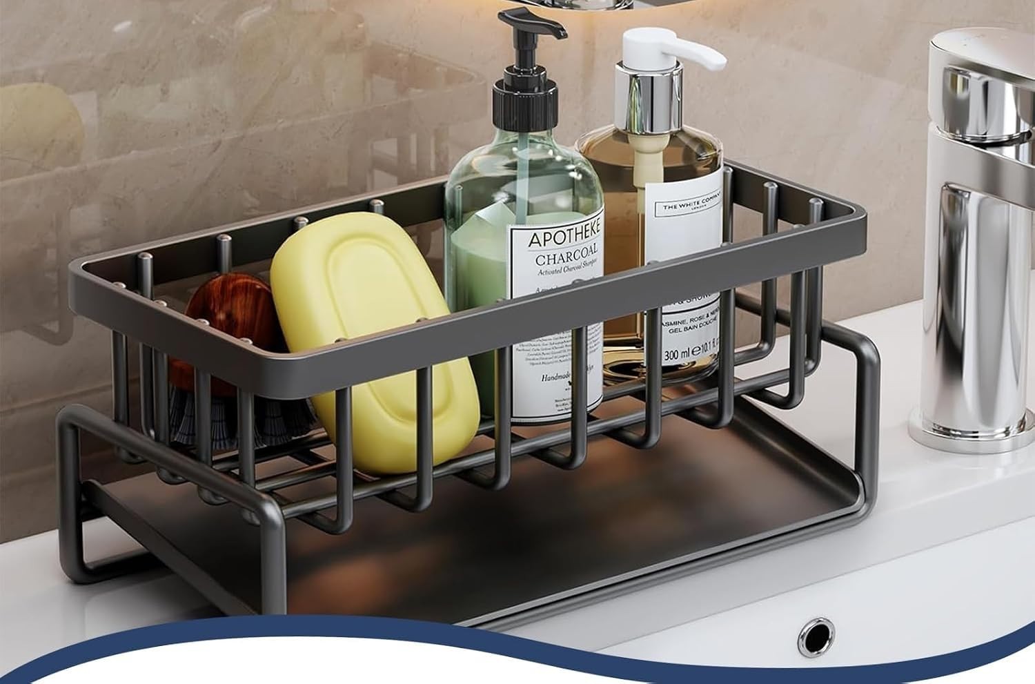 Kitchen Sink Caddy Organizer, Black Metal, Self-Draining Tray