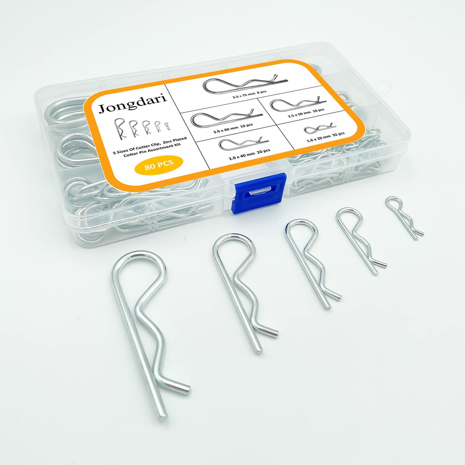 Jongdari Cotter Pins, 80 Pcs Zinc Plated Spring Fastener Assortment Kit, Heav...