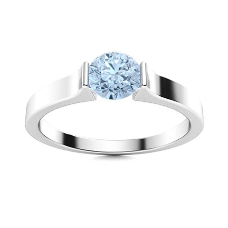 Solitaire 5MM Round Shape Aquamarine Gemstone 925 Sterling Silver Stackable Ring