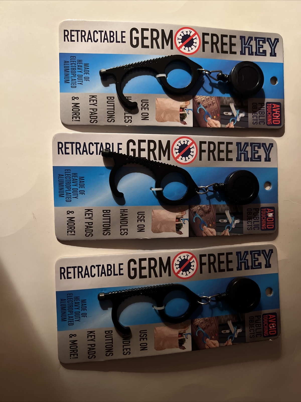 Lot Of 3 Retractable Germ-Free Key, Heavy Duty Black NWT