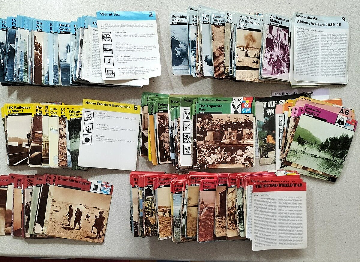 World War II. 876 Information cards. Weapons, leaders, air, land, sea, battles..
