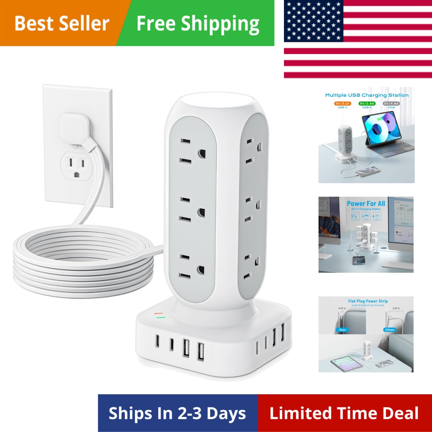 Tower Surge Protector Power Strip, Flat Plug Outlet Extender with 12 AC Outle...