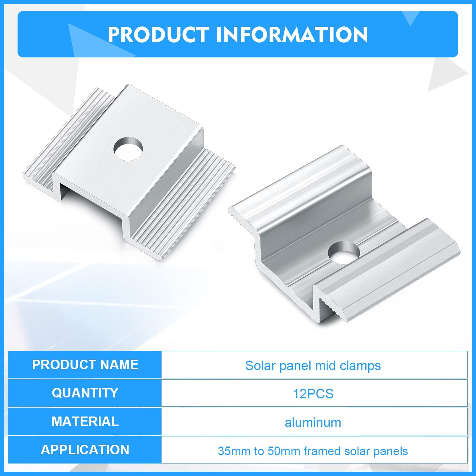 12 Pack Solar Panel Mid Clamps 1.06 Inch Bracket Aluminium Silver