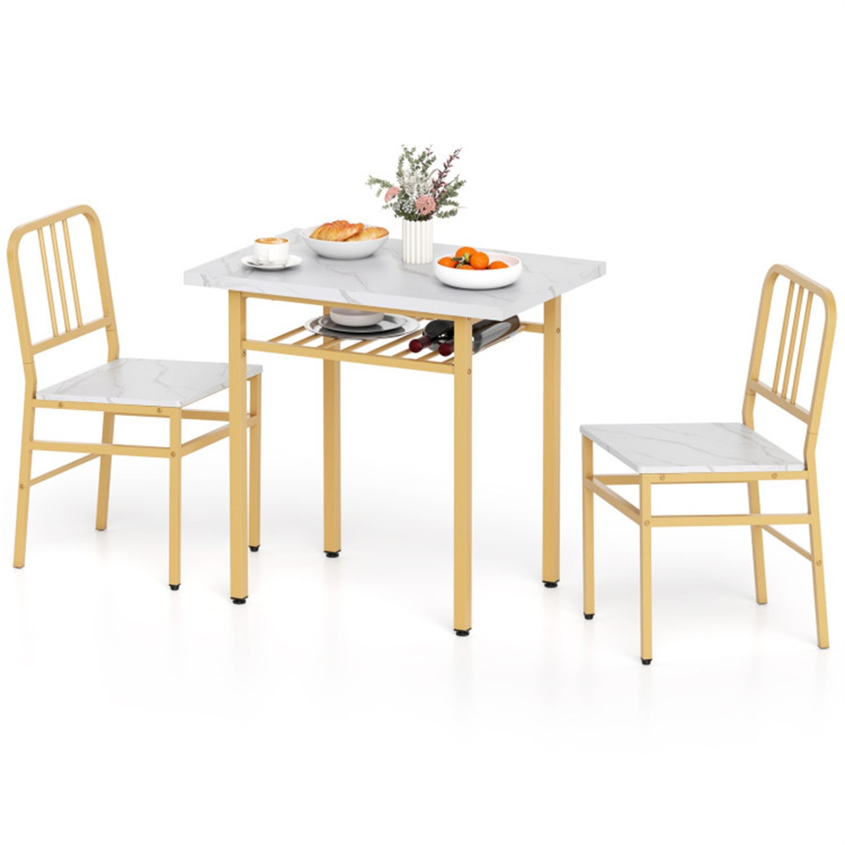 3-Piece Dining Table Set Space-Saving Tuck-under Chair Design White Gold