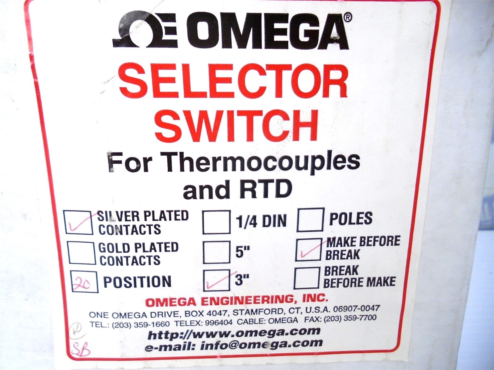 OMEGA - OSW3-20 - 20 Position 3" ROTARY SELECTOR SWITCH THERMOCOUPLES 2-Pole