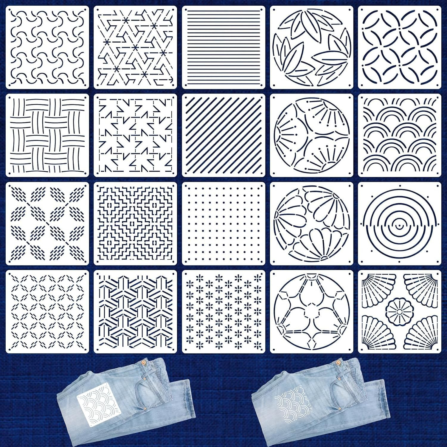 20 Pcs Sashiko Stencils 5.1 x 5.1 Inch Plastic Sashiko Template Pattern Geometri