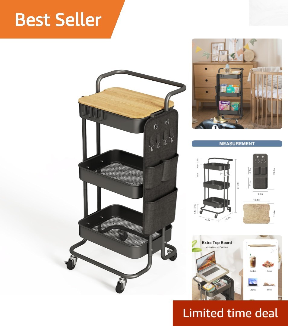 Versatile 3 Tier Metal Utility Rolling Cart with Locking Wheels - Black Finish