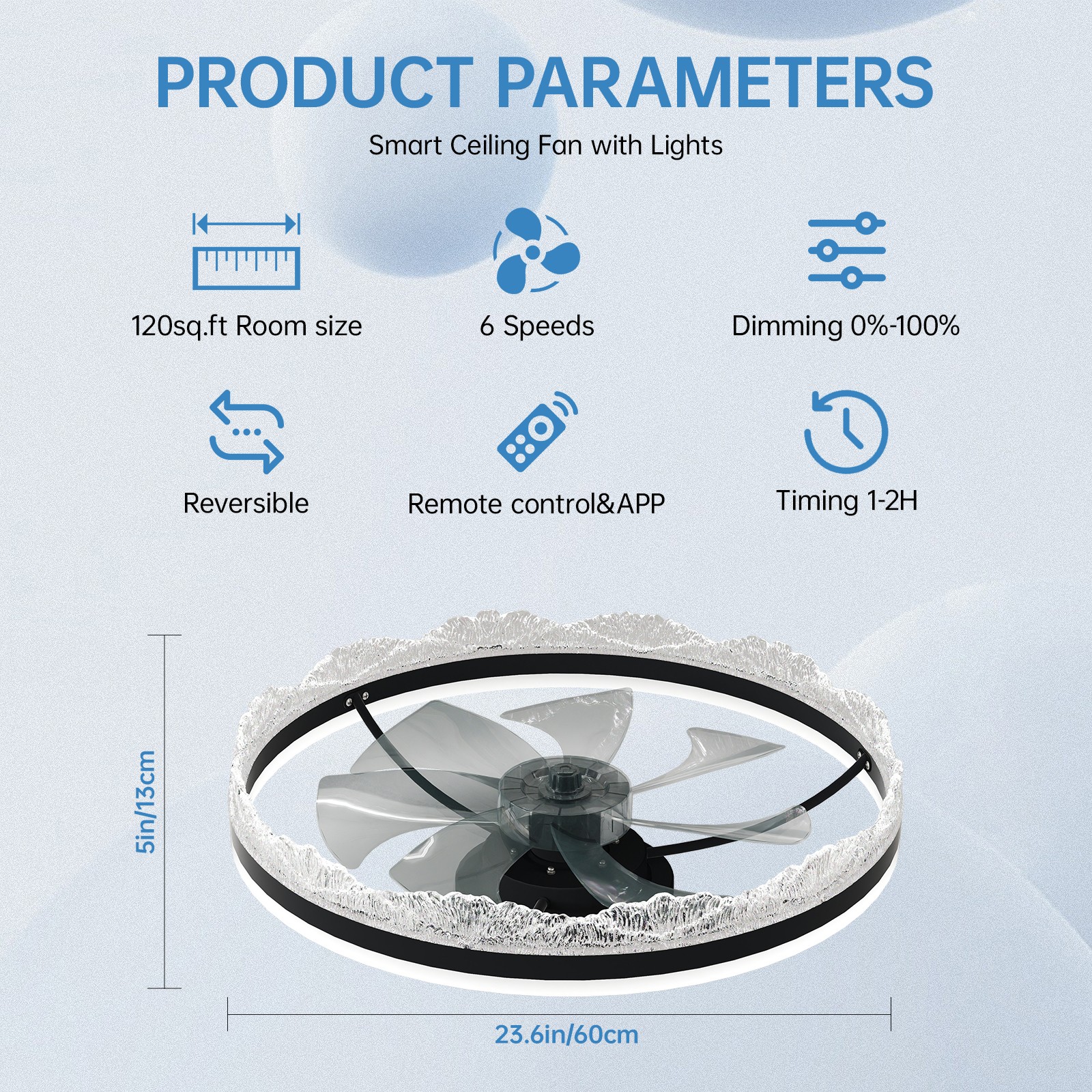24" Flush Mount Modern Ceiling Fan Light LED Dimmable Lamp Fixture Kit w Remote