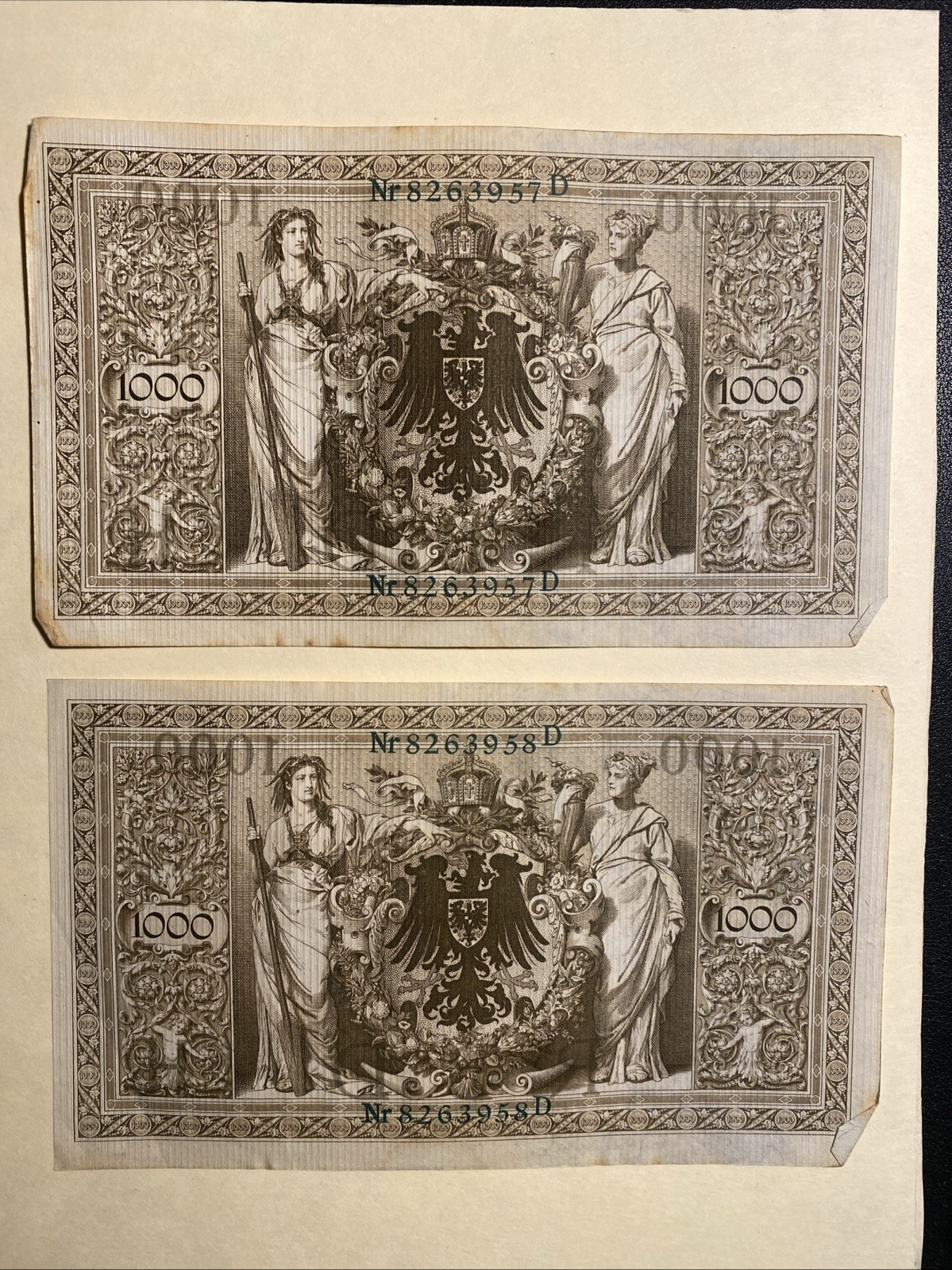 Germany 1910 1000 Marks 6pcs Consecutive Serial Numbers