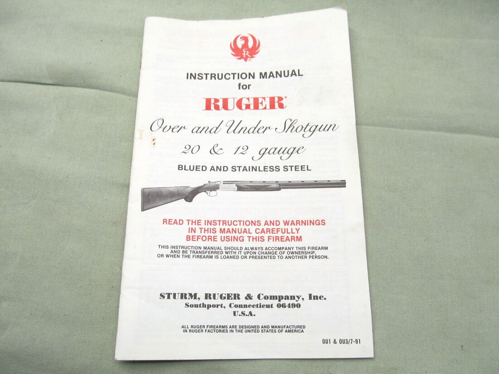 1991 Ruger Over & Under Shtogun 20 & 12 Gauge Blue/Stainless Instruction Manual
