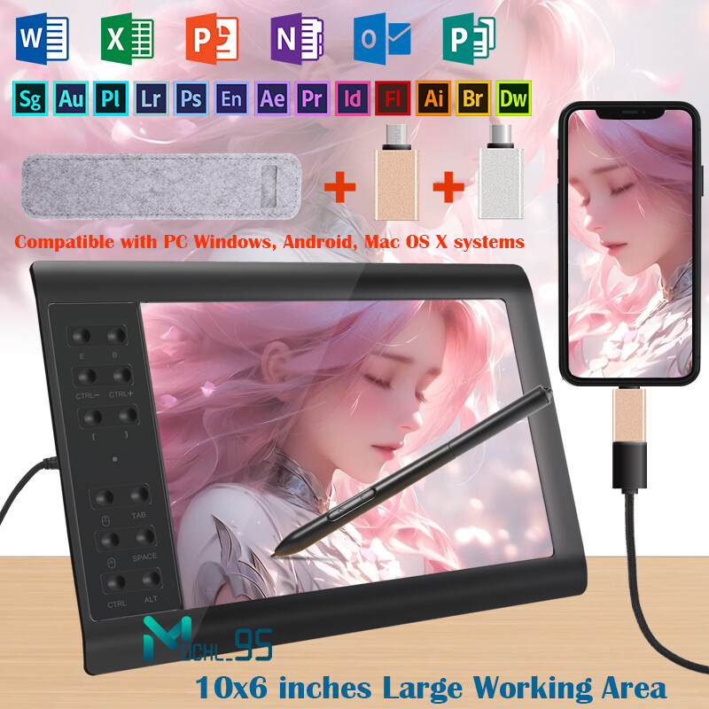 Digital Graphic Drawing Tablet w/ Battery-free Pen for Mac, Windows PC & Android