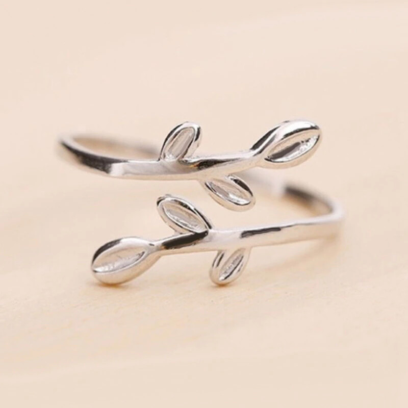 Ring Leaf Wrap Band Open Adjustable Silver Ring Leaves