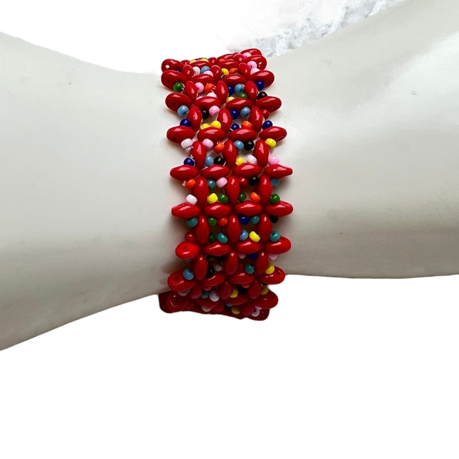 HANDMADE. Red ‘Confetti’ Woven Bracelet 7”