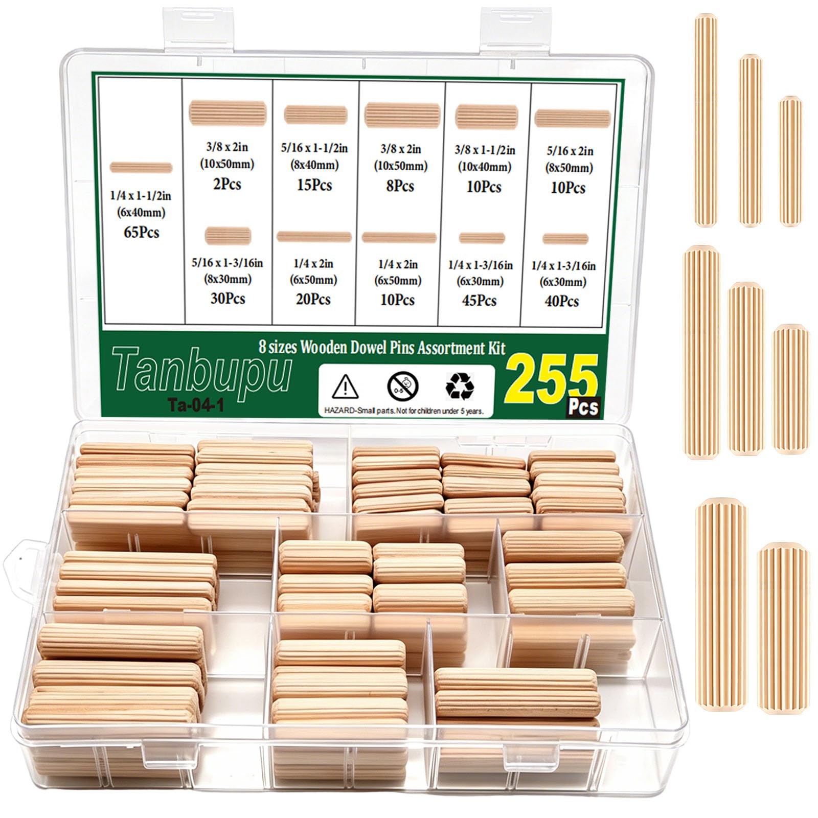 255 PCS Wood Dowel Pins Kit 1/4 5/16 3/8 Inch Fluted Wooden Rods Craft DIY