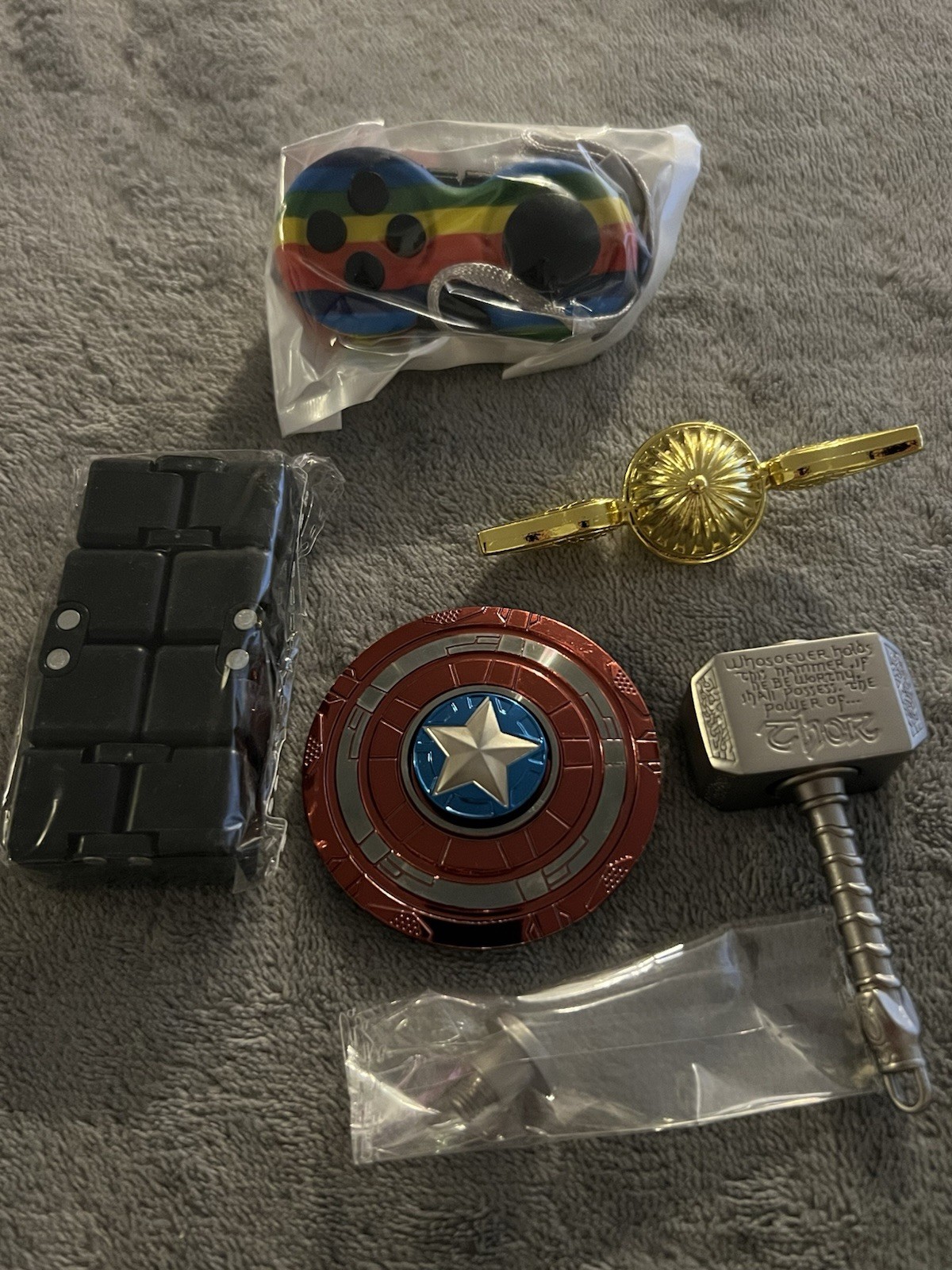 5PCS Metal Fidget Spinner Bundle Thor Hammer Captain Shield Infinity Cube Set