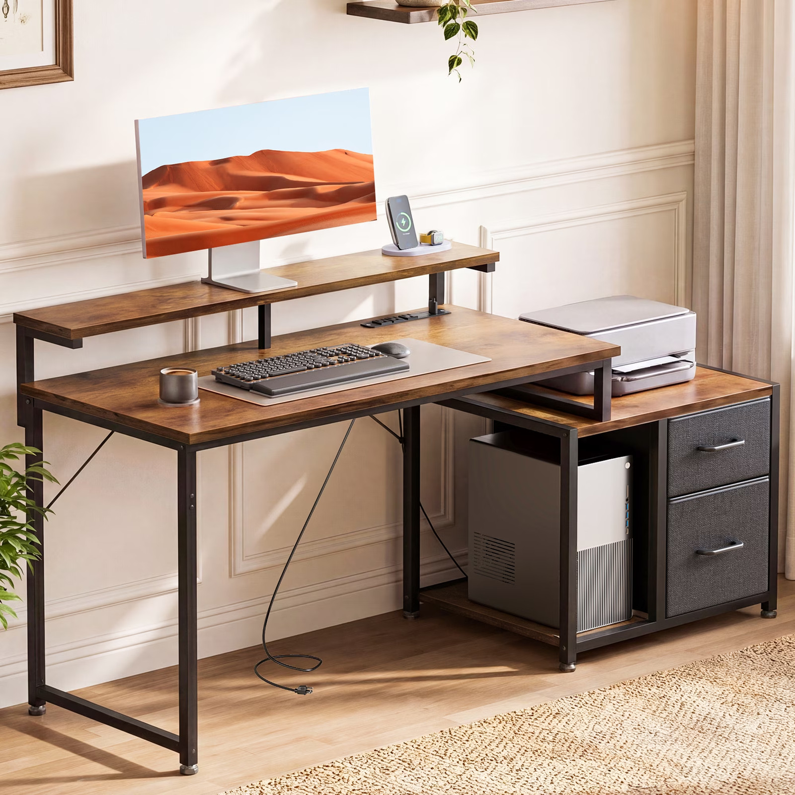55" Computer Desk Home Office Table Drawers Printer Shelf Monitor Stand Power Ou
