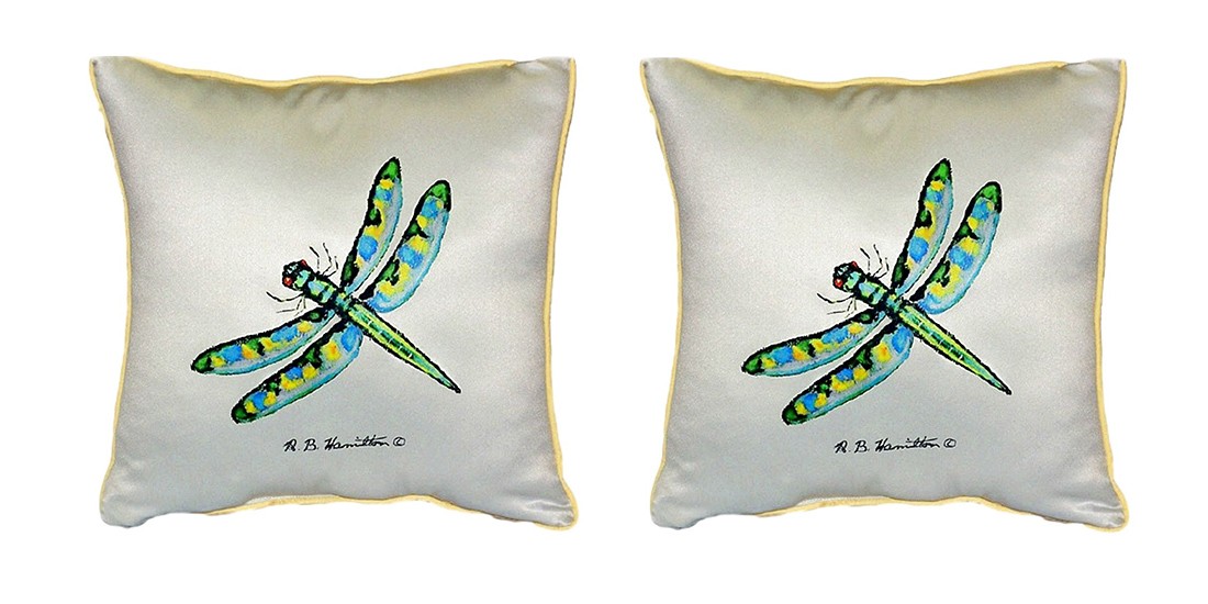Pair of Betsy Drake Dragonfly Small Outdoor Indoor Pillows 12 Inch X 12 Inch